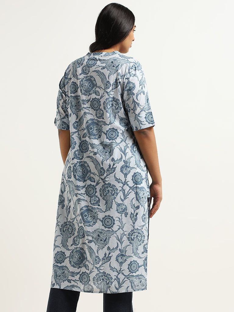 Diza Blue Floral Jaal Printed Cotton Kurta