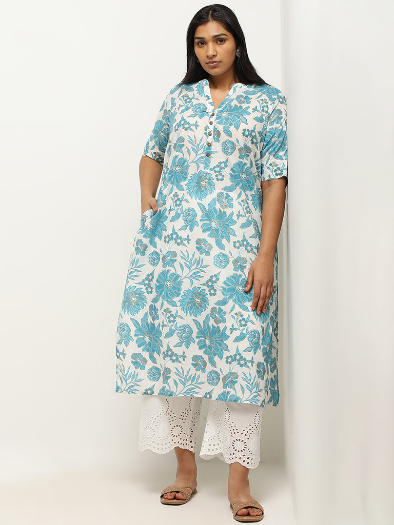 Diza Blue Floral Jaal Printed Cotton Kurta