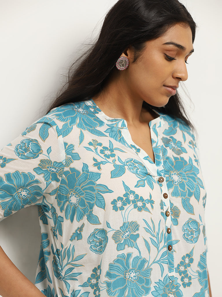 Diza Blue Floral Jaal Printed Cotton Kurta