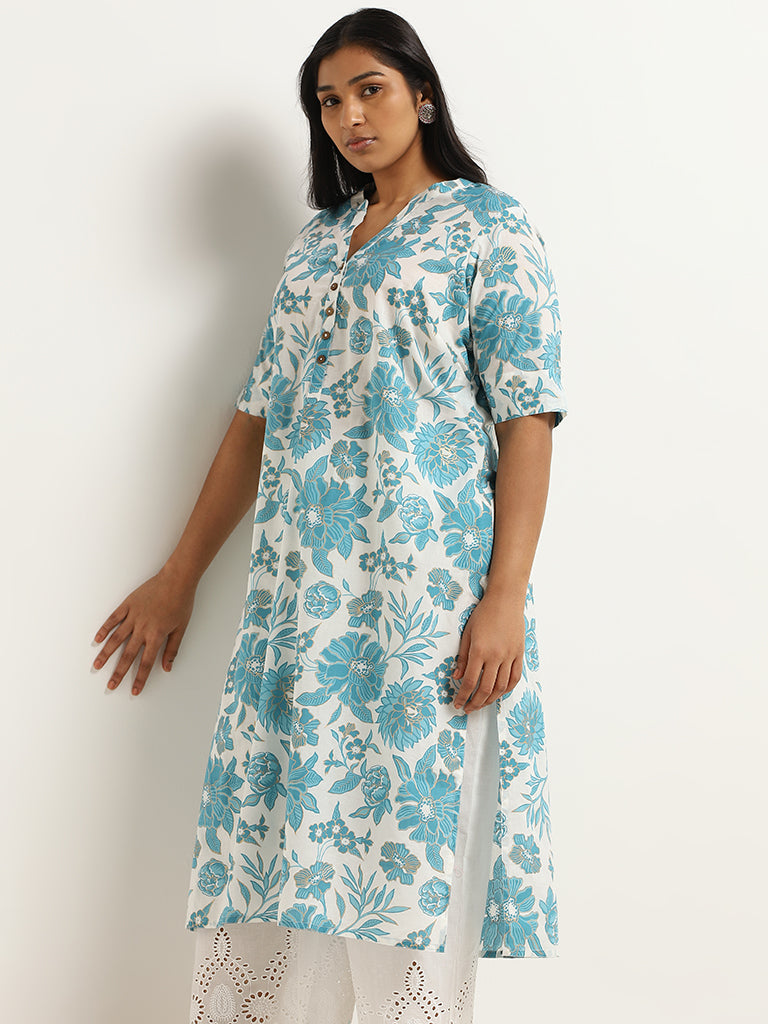 Diza Blue Floral Jaal Printed Cotton Kurta