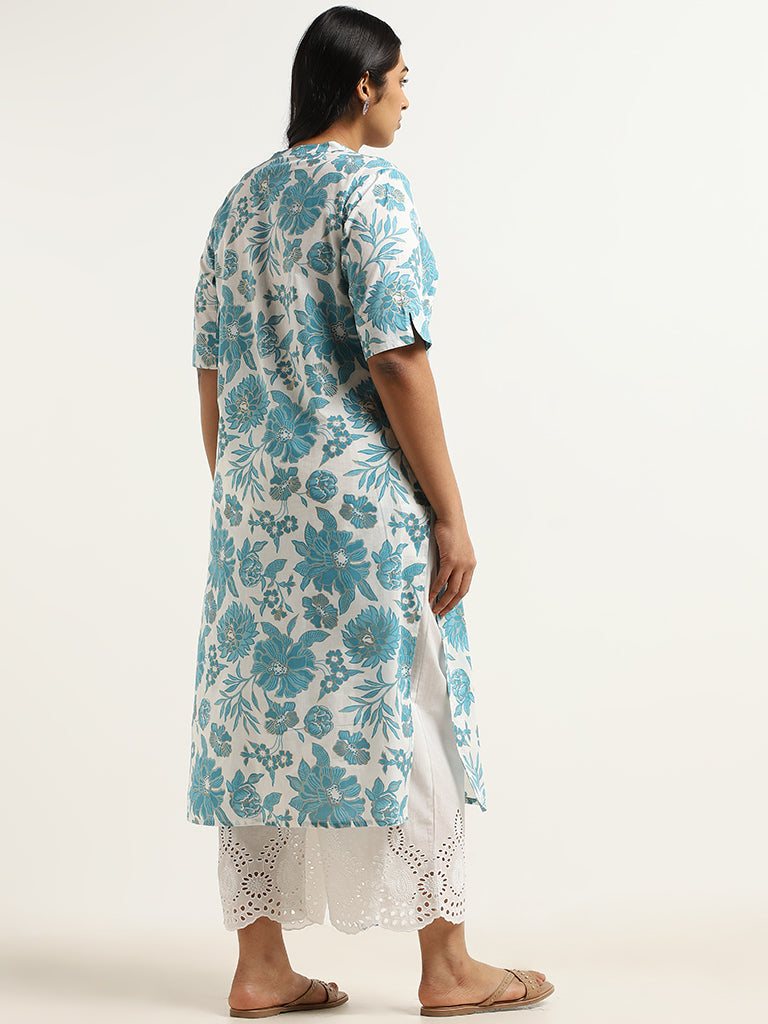 Diza Blue Floral Jaal Printed Cotton Kurta