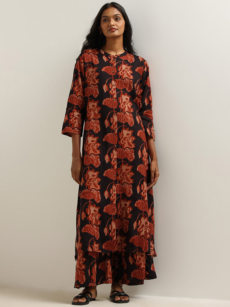 Utsa Black Floral Print Palazzos