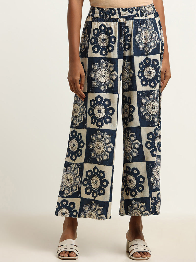 Utsa Indigo Printed Wide-Leg Palazzos