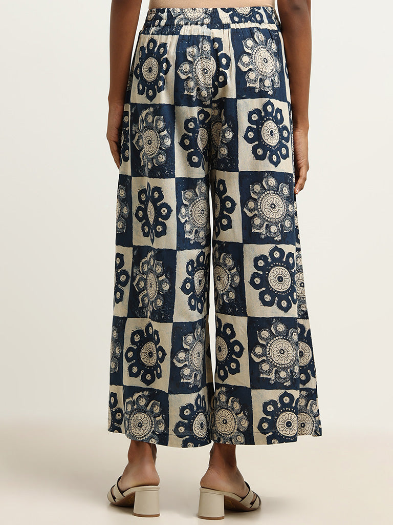 Utsa Indigo Printed Wide-Leg Palazzos