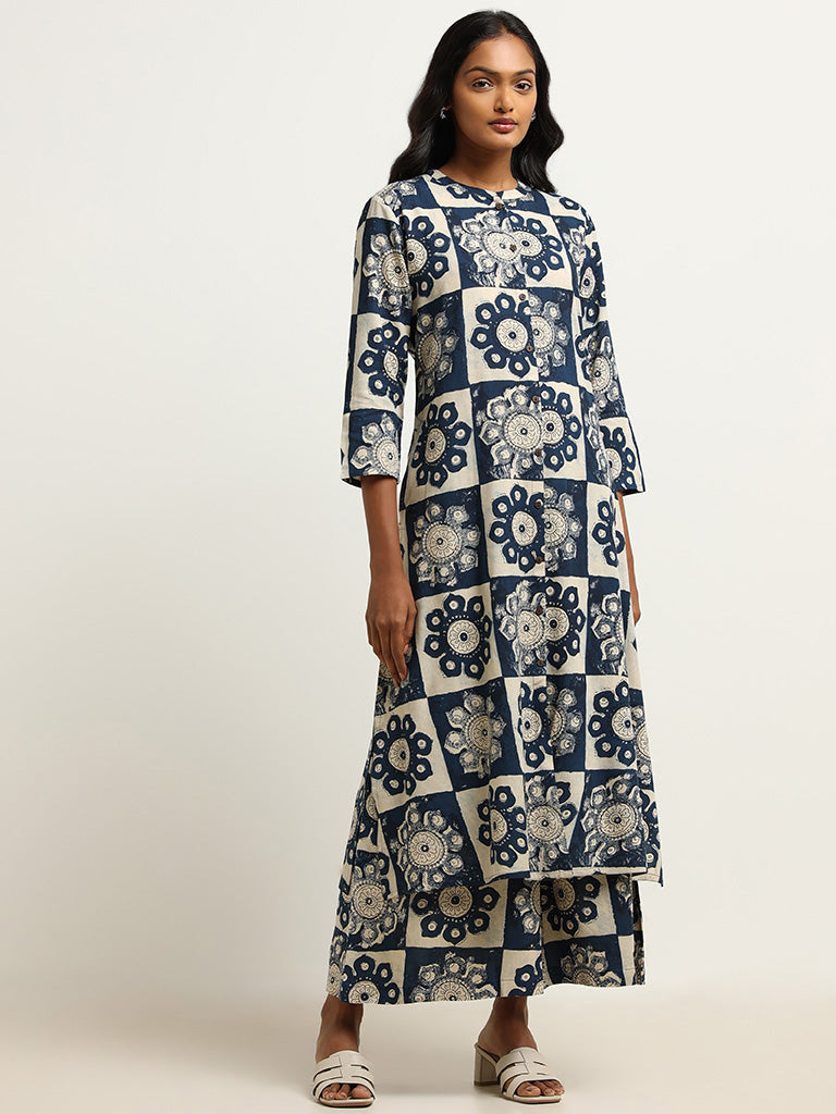 Utsa Indigo Printed Wide-Leg Palazzos