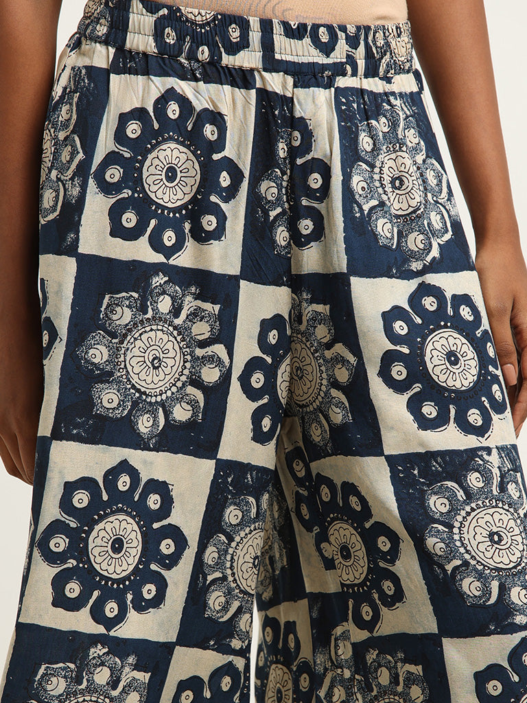 Utsa Indigo Printed Wide-Leg Palazzos