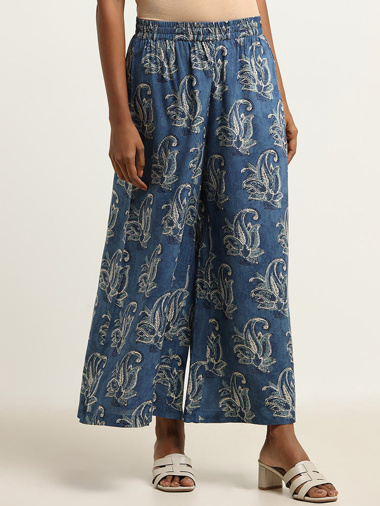 Utsa Blue Printed Wide-Leg Palazzos