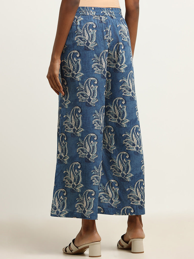 Utsa Blue Printed Wide-Leg Palazzos