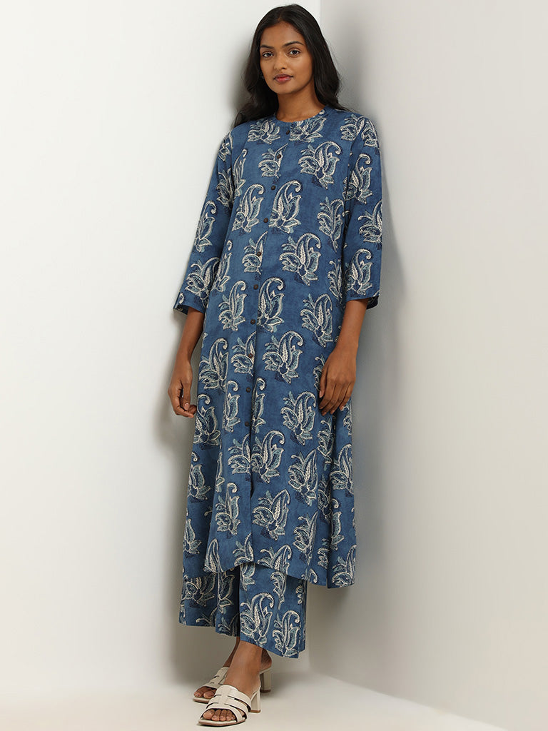 Utsa Blue Printed Wide-Leg Palazzos