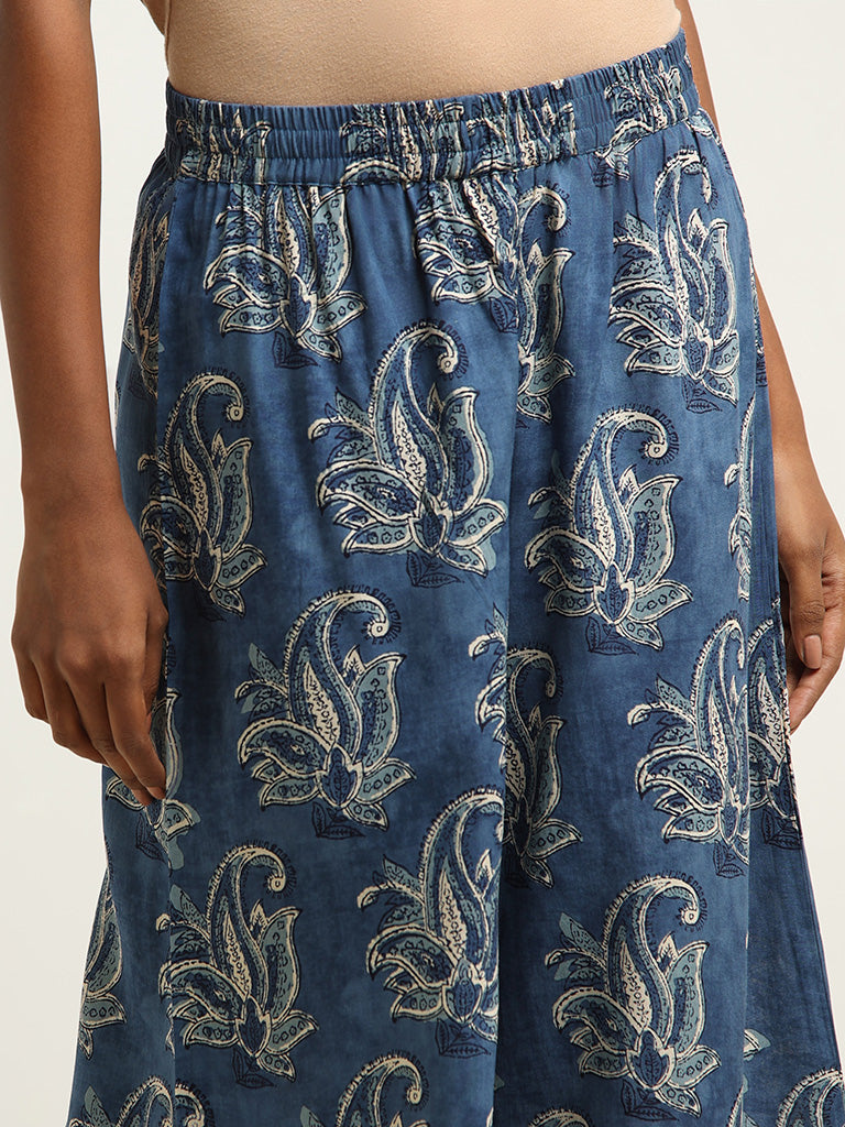 Utsa Blue Printed Wide-Leg Palazzos