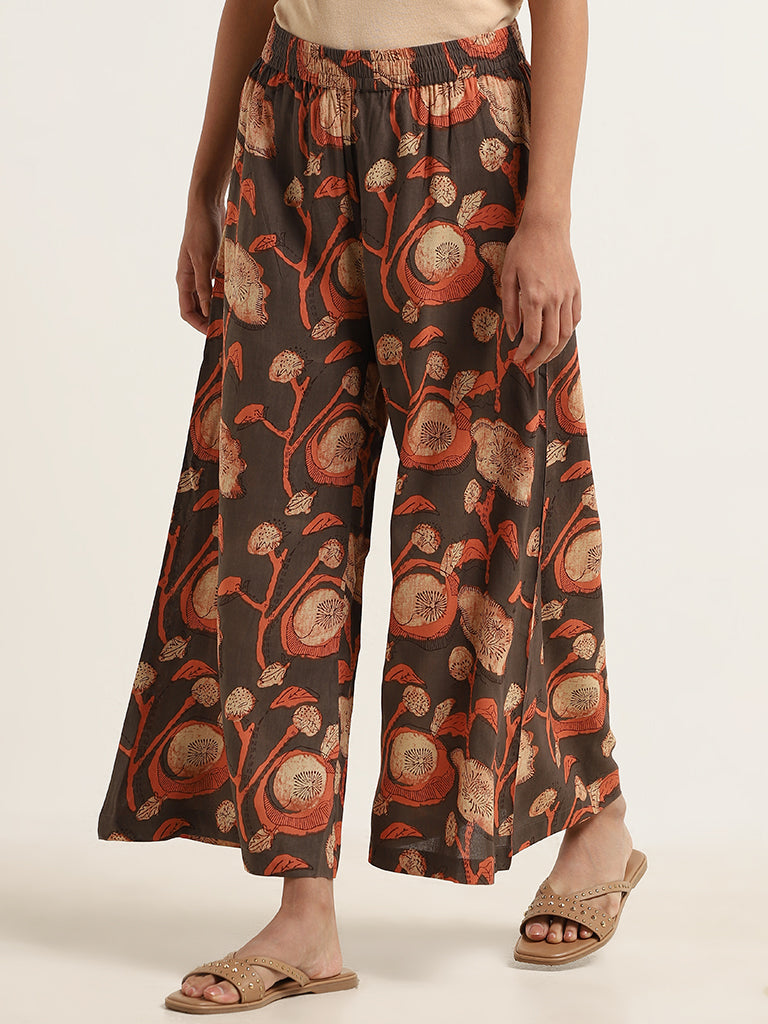 Utsa Brown Printed Cotton Palazzos