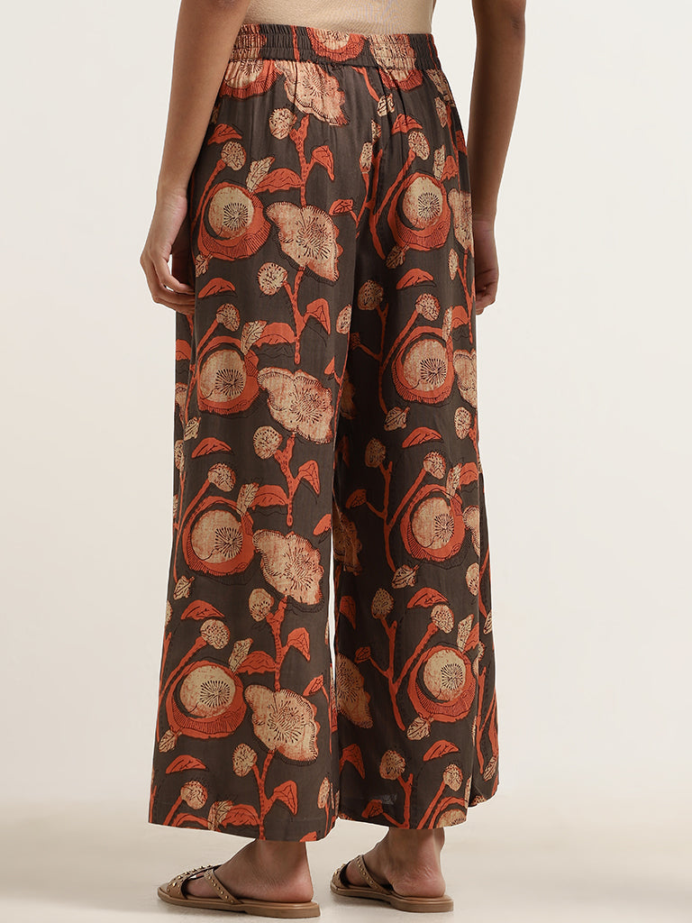 Utsa Brown Printed Cotton Palazzos