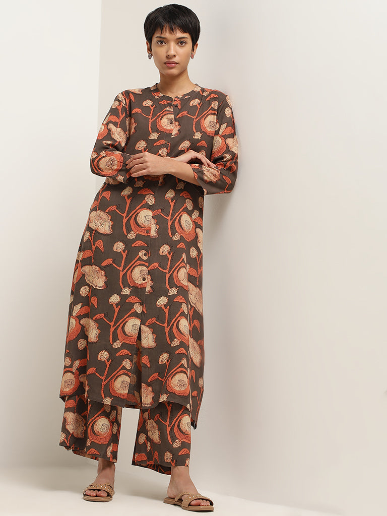 Utsa Brown Printed Cotton Palazzos