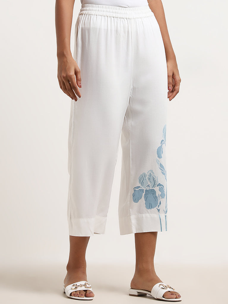 Utsa White Floral Printed High-Rise Ethnic Pants