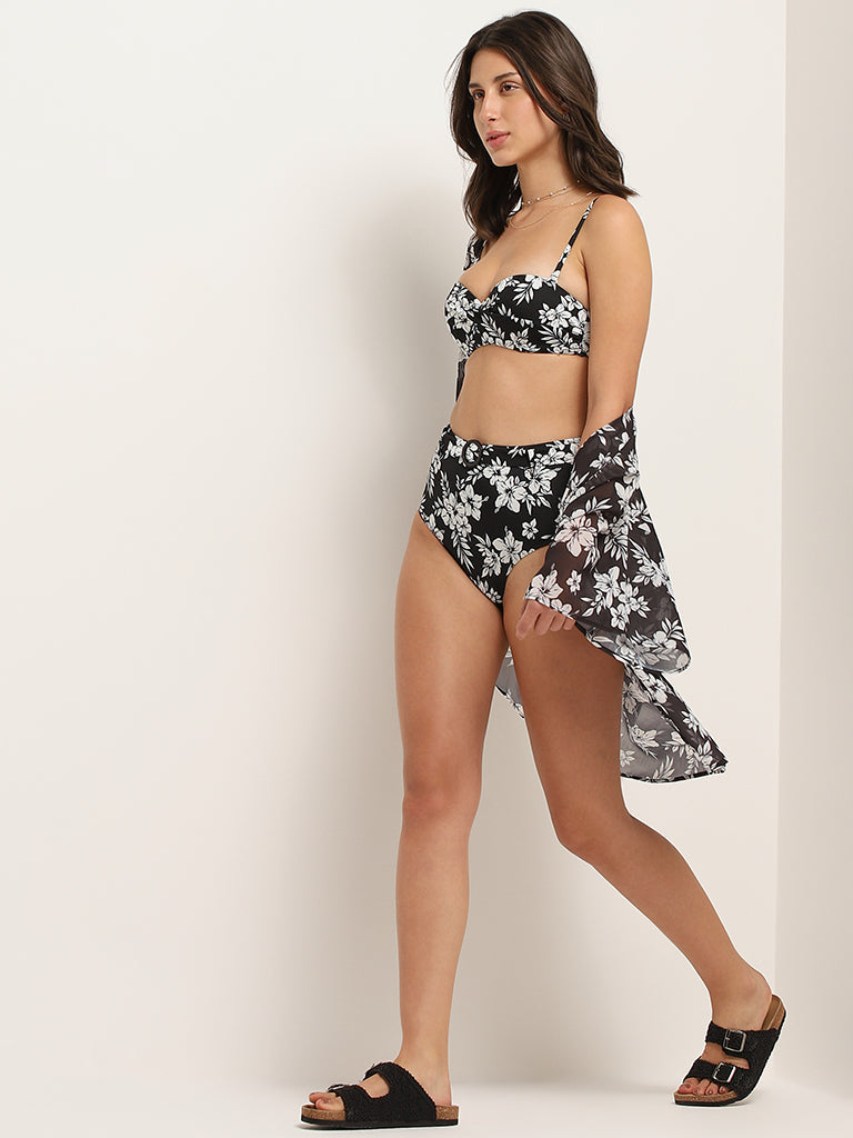 Wunderlove Swimwear Black Floral Twisted Bandeau Bra