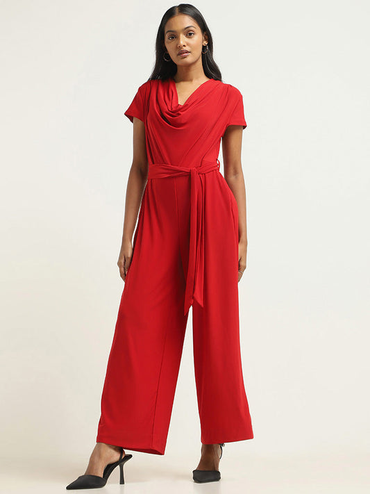 Wardrobe Red Cowl Neck Jumpsuit with Belt