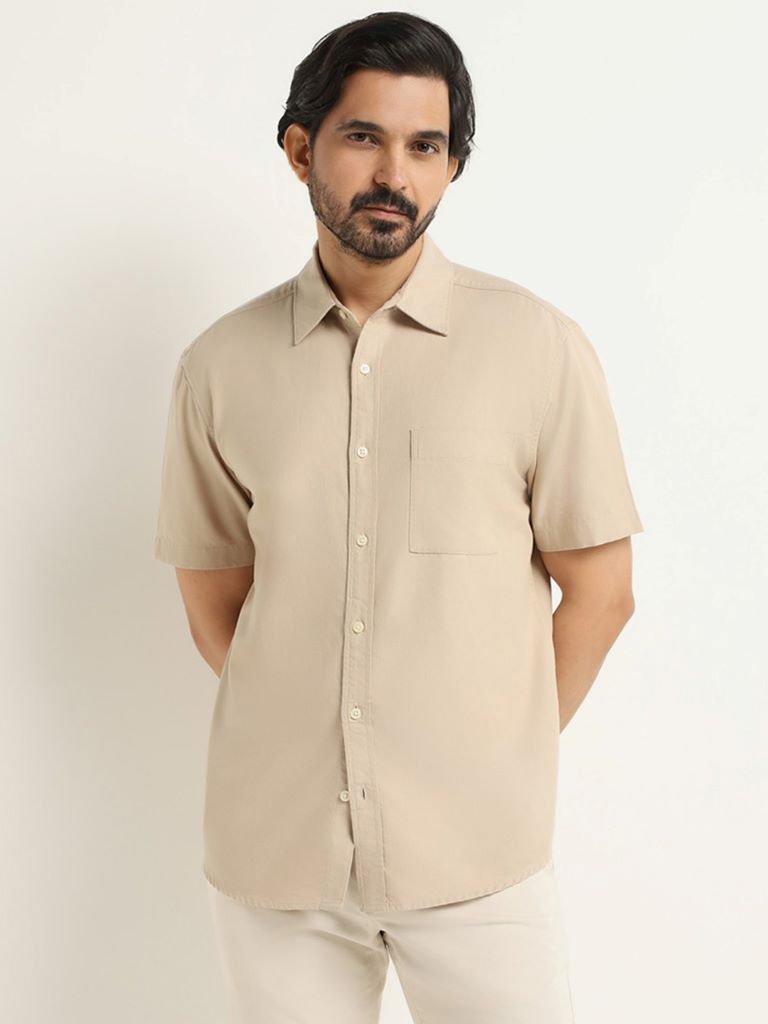 WES Casuals Beige Cotton Relaxed Fit Shirt