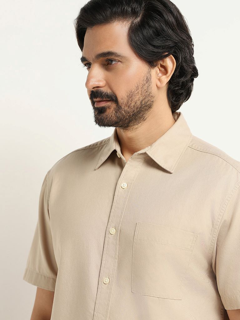 WES Casuals Beige Cotton Relaxed Fit Shirt