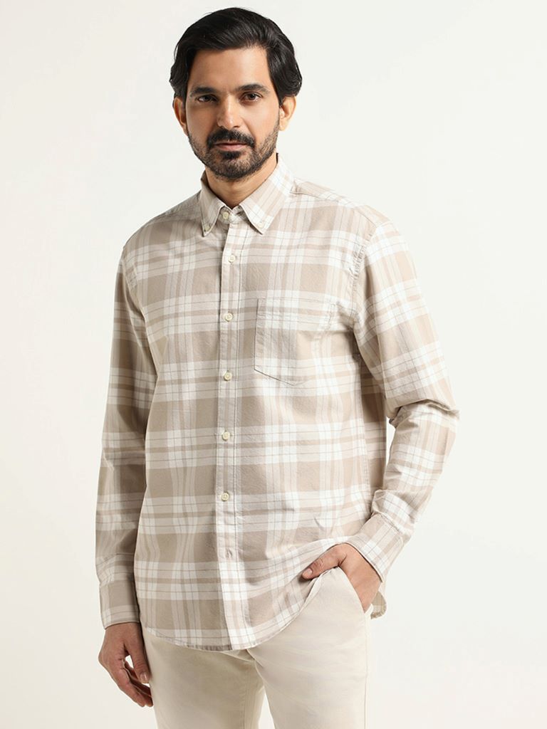 WES Casuals Beige Checked Cotton Relaxed Fit Shirt