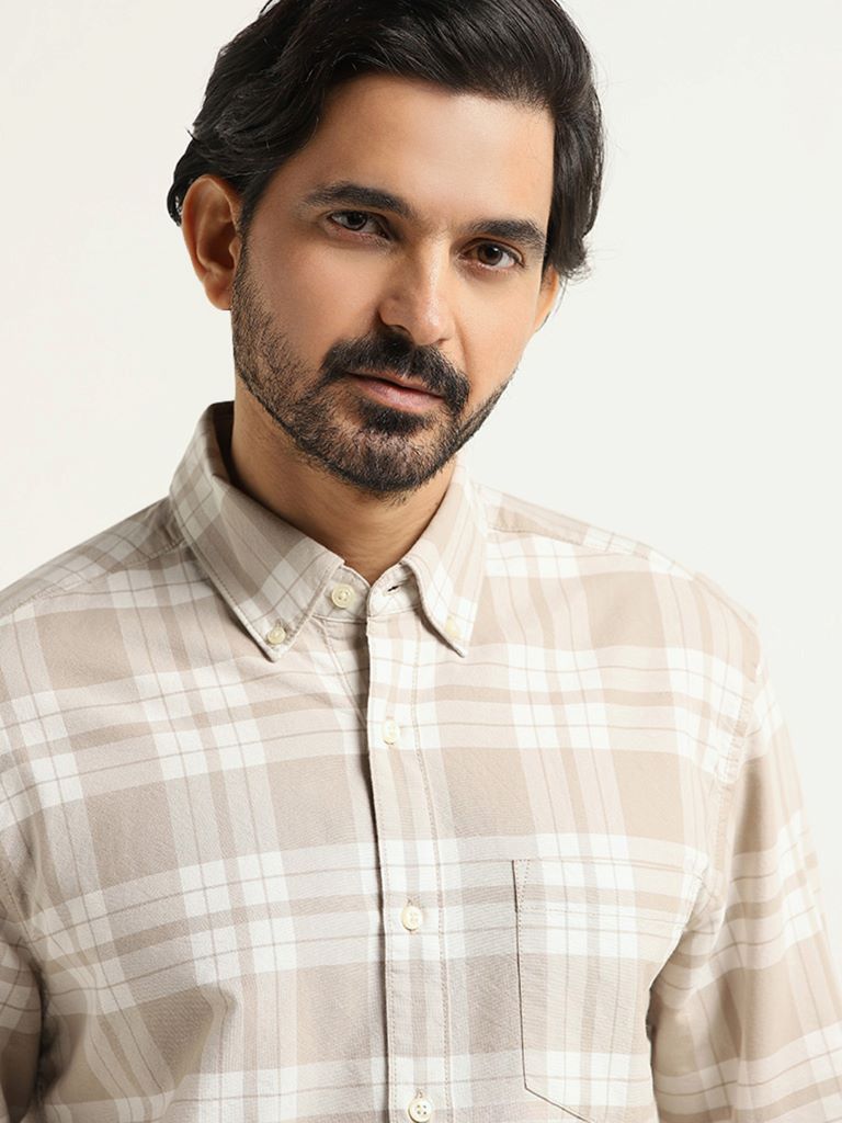 WES Casuals Beige Checked Cotton Relaxed Fit Shirt