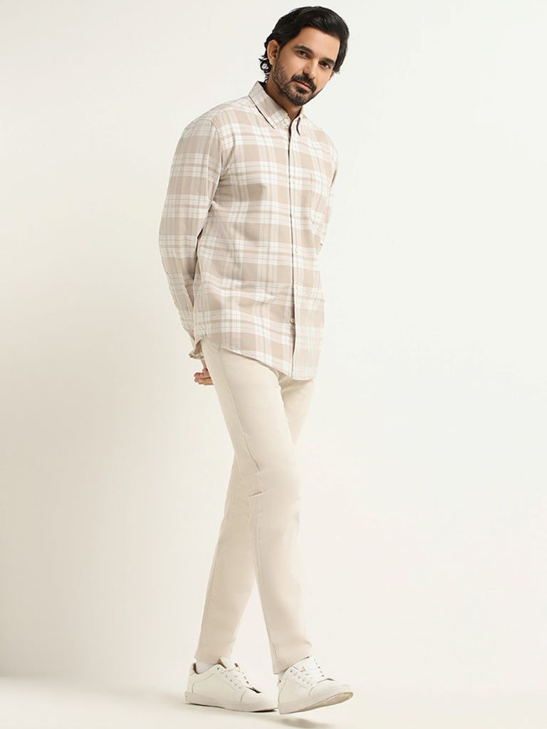 WES Casuals Beige Checked Cotton Relaxed Fit Shirt