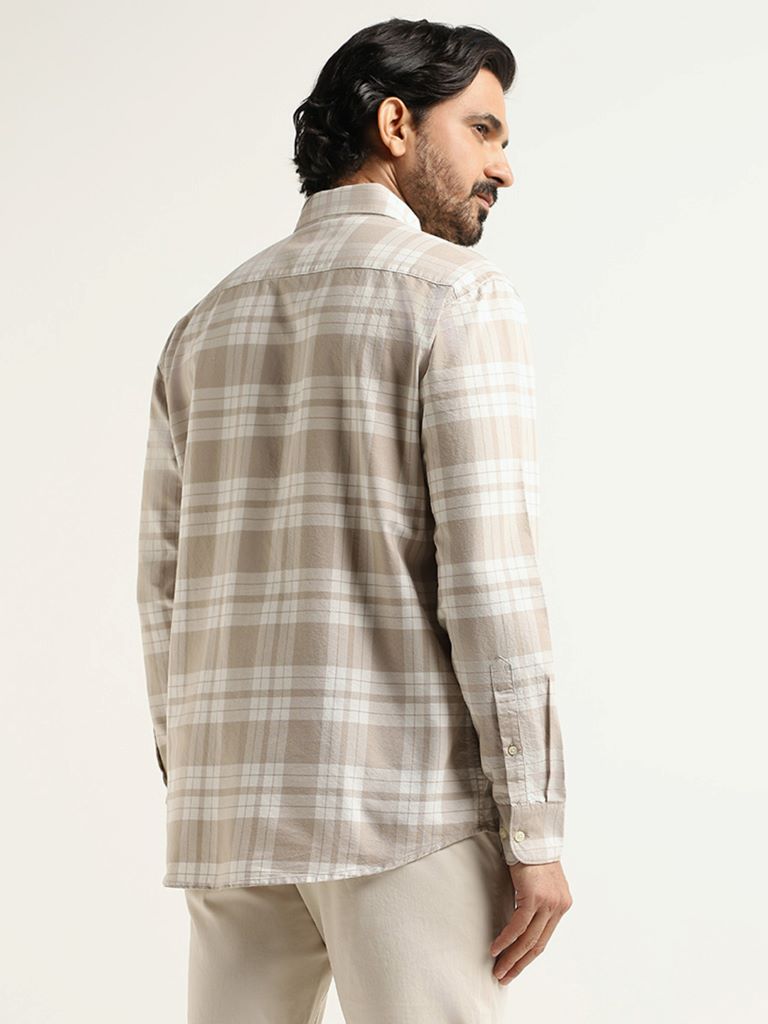 WES Casuals Beige Checked Cotton Relaxed Fit Shirt