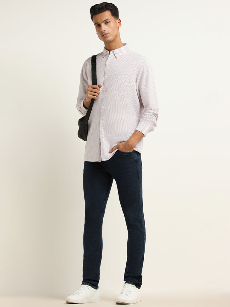 WES Casuals Light Mauve Striped Cotton Relaxed Fit Shirt