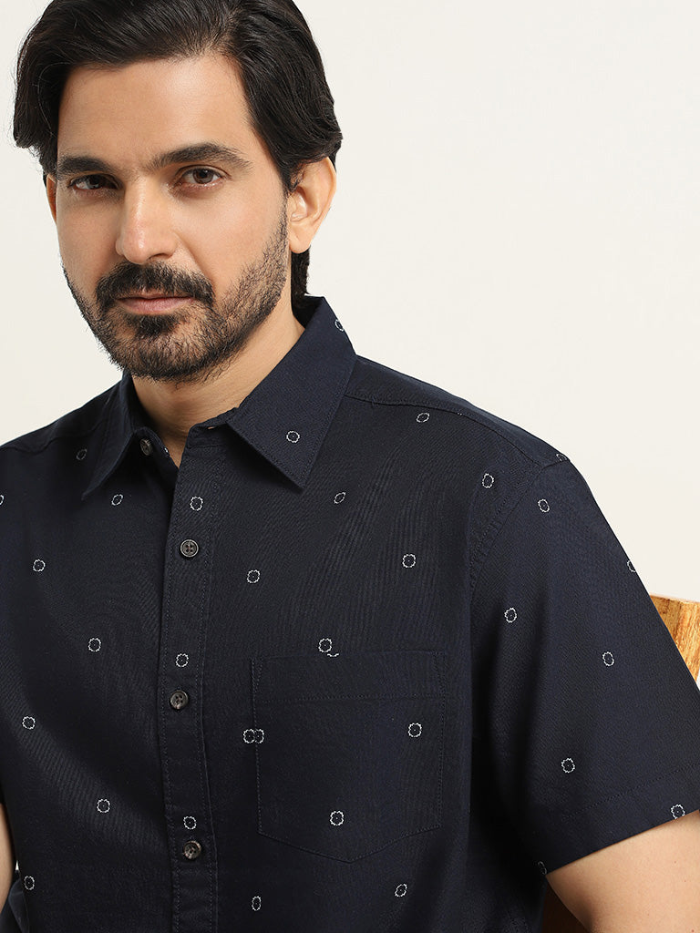 WES Casuals Navy Printed Cotton Relaxed Fit Shirt