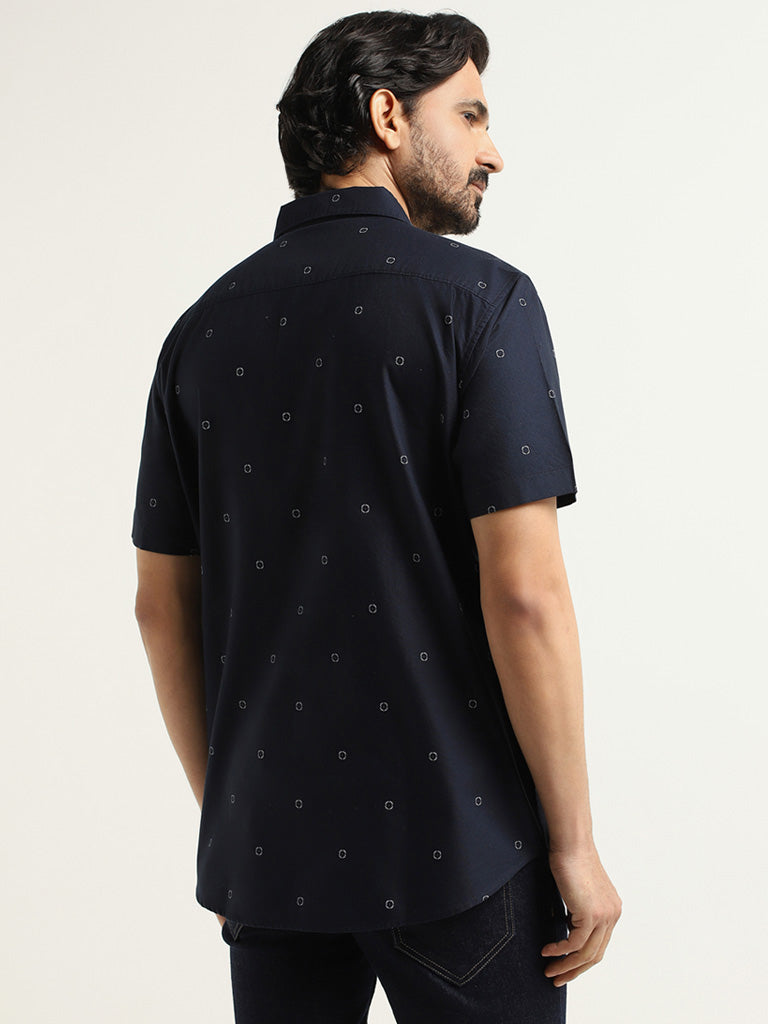 WES Casuals Navy Printed Cotton Relaxed Fit Shirt