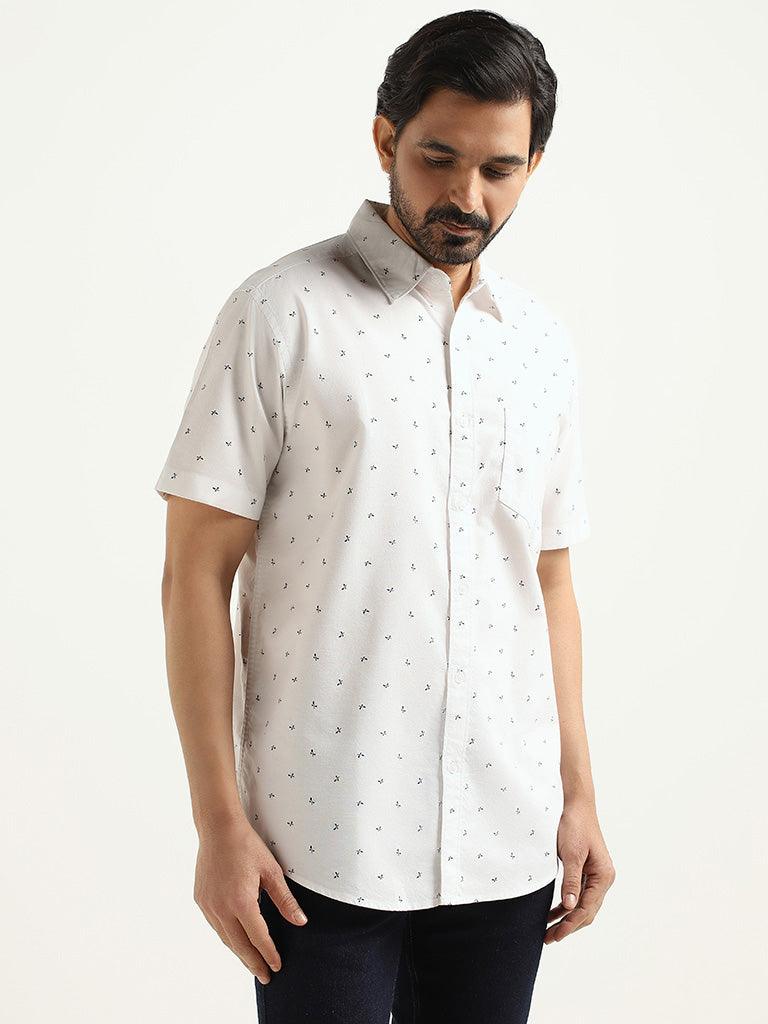 WES Casuals White Printed Cotton Relaxed Fit Shirt