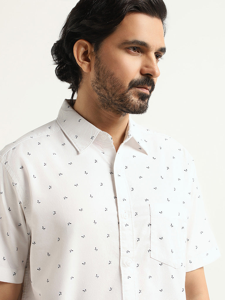 WES Casuals White Printed Cotton Relaxed Fit Shirt