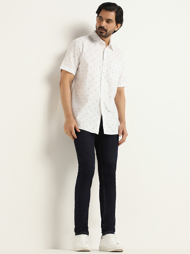 WES Casuals White Printed Cotton Relaxed Fit Shirt