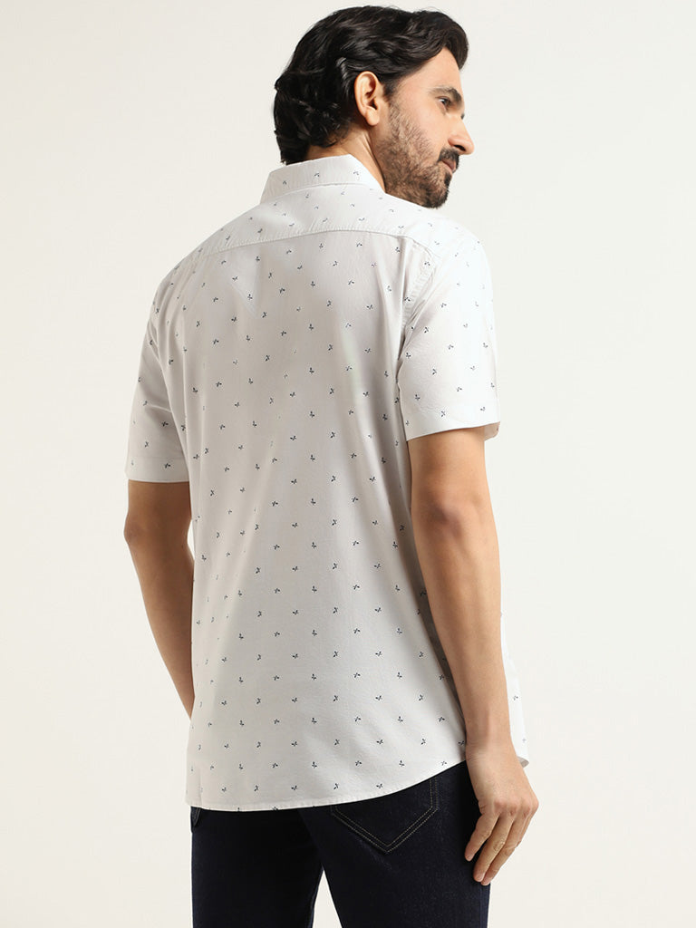 WES Casuals White Printed Cotton Relaxed Fit Shirt