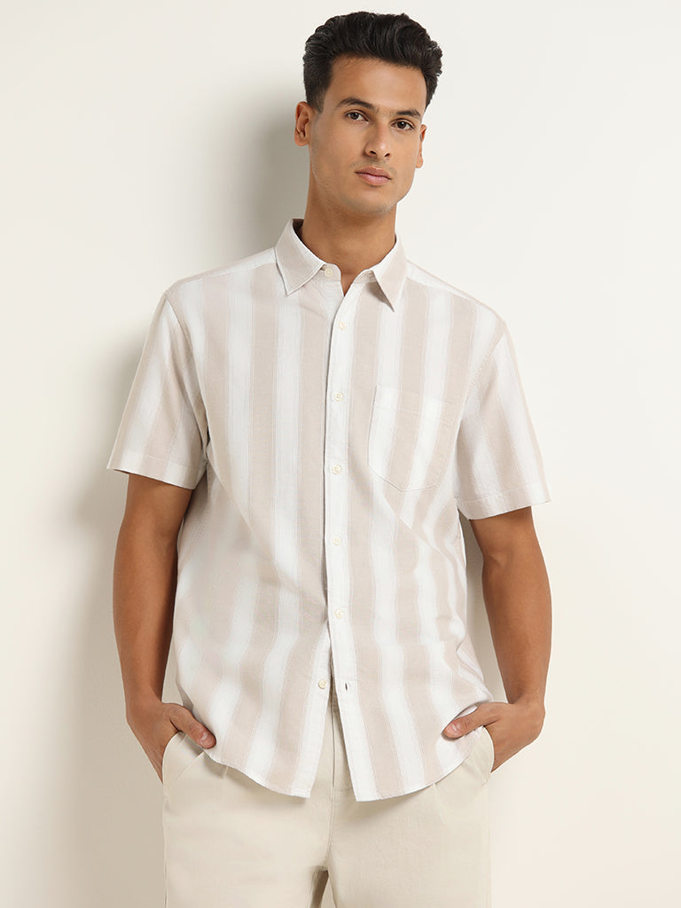 WES Casuals Beige Striped Cotton Blend Relaxed Fit Shirt