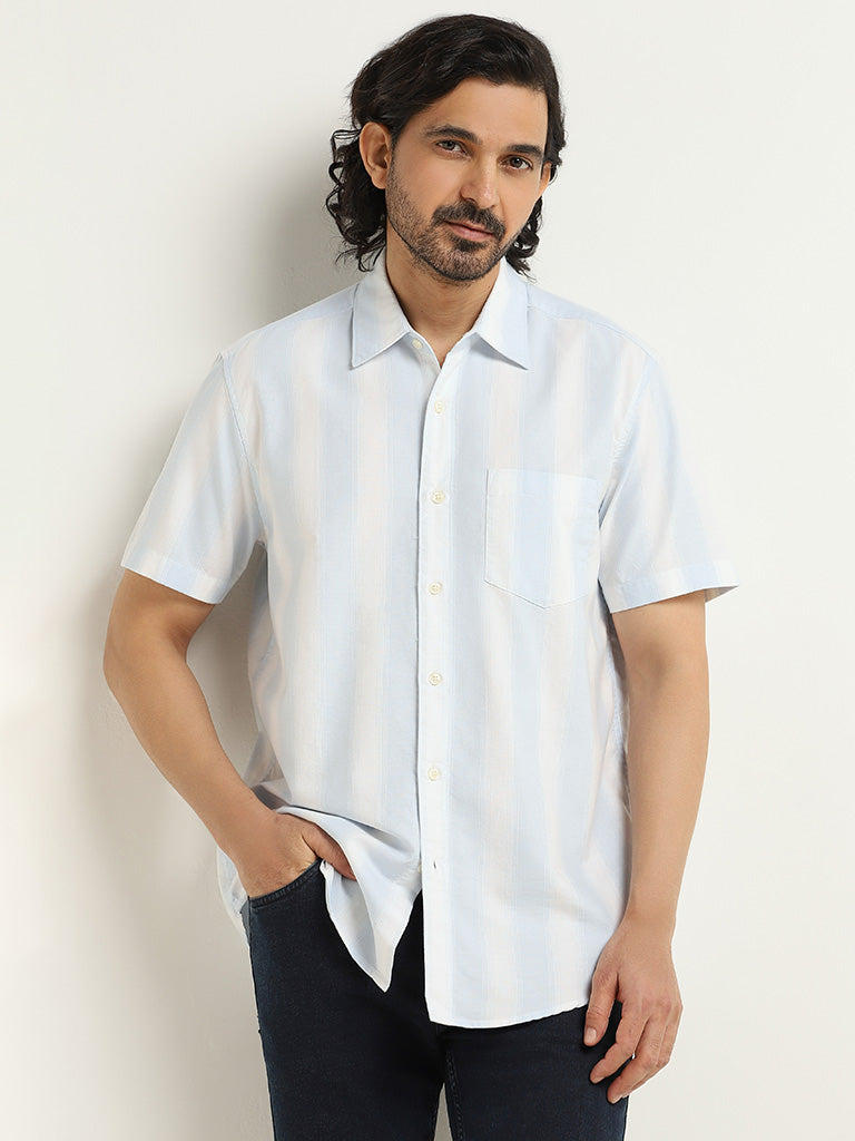 WES Casuals Blue Striped Cotton Relaxed Fit Shirt