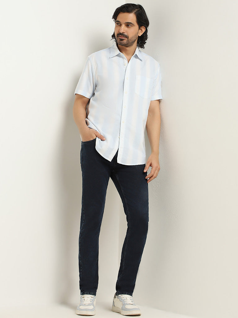 WES Casuals Blue Striped Cotton Relaxed Fit Shirt