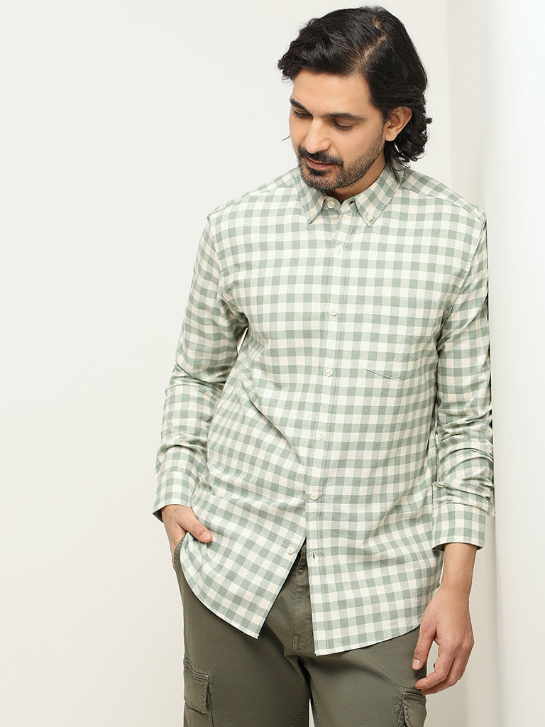 WES Casuals Green Checked Cotton Slim Fit Shirt