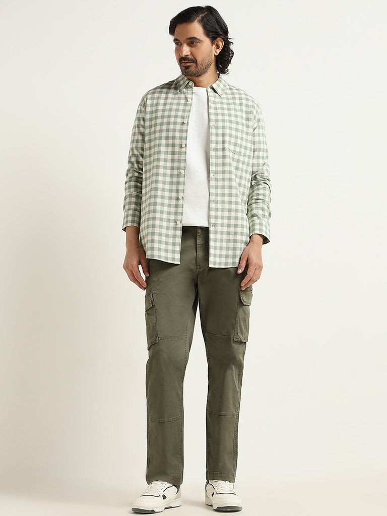 WES Casuals Green Checked Cotton Slim Fit Shirt