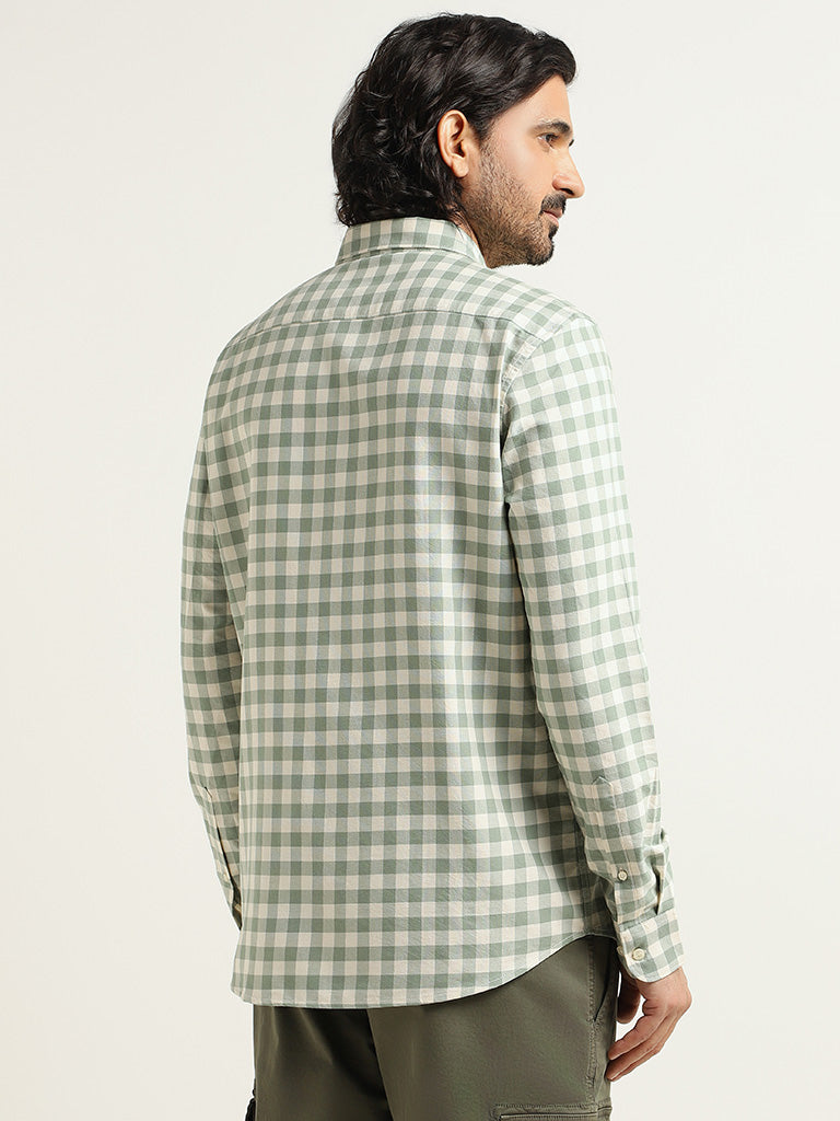 WES Casuals Green Checked Cotton Slim Fit Shirt