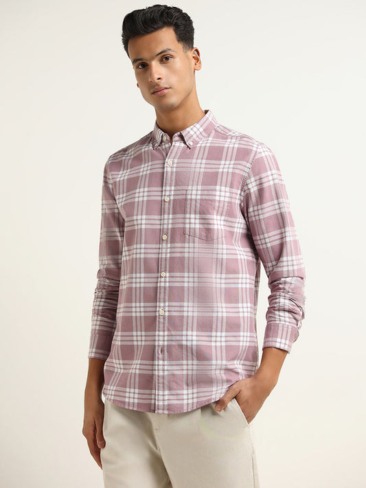 WES Casuals Light Mauve Checked Cotton Blend Slim Fit Shirt