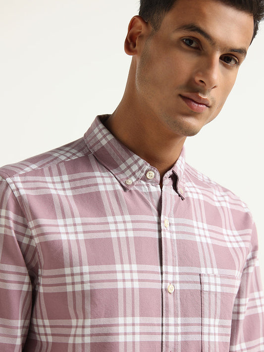 WES Casuals Light Mauve Checked Cotton Blend Slim Fit Shirt