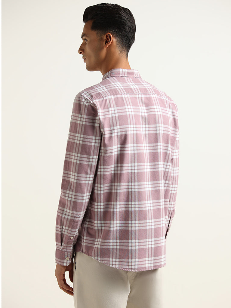 WES Casuals Light Mauve Checked Cotton Blend Slim Fit Shirt