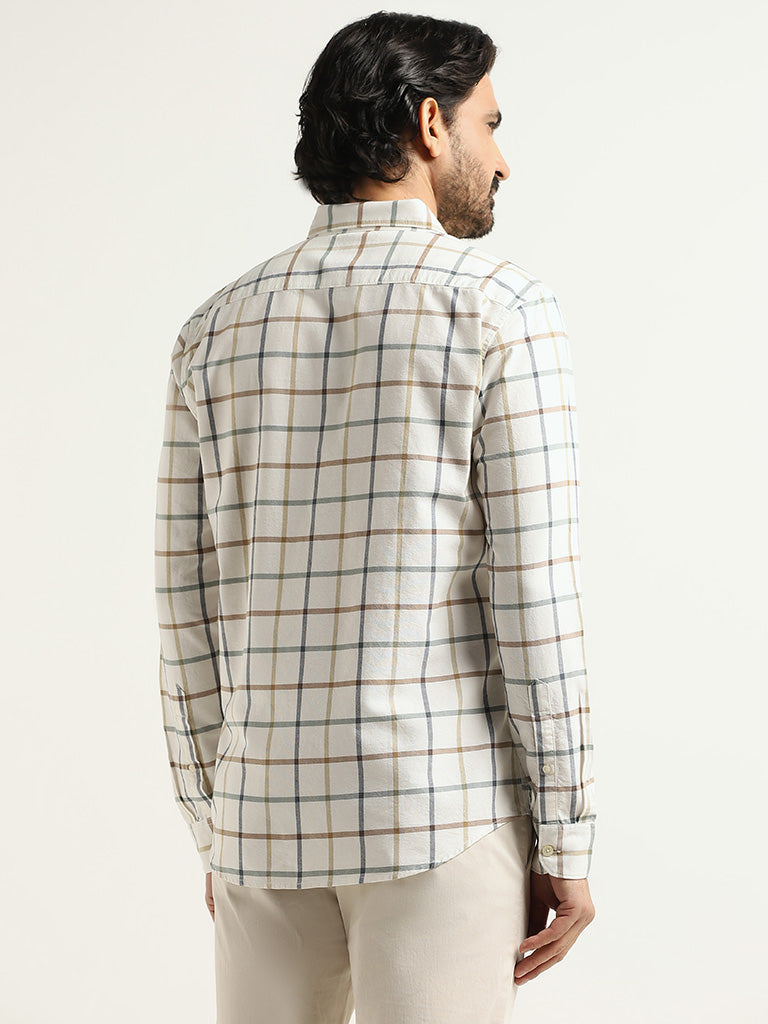 WES Casuals White Checked Cotton Slim Fit Shirt