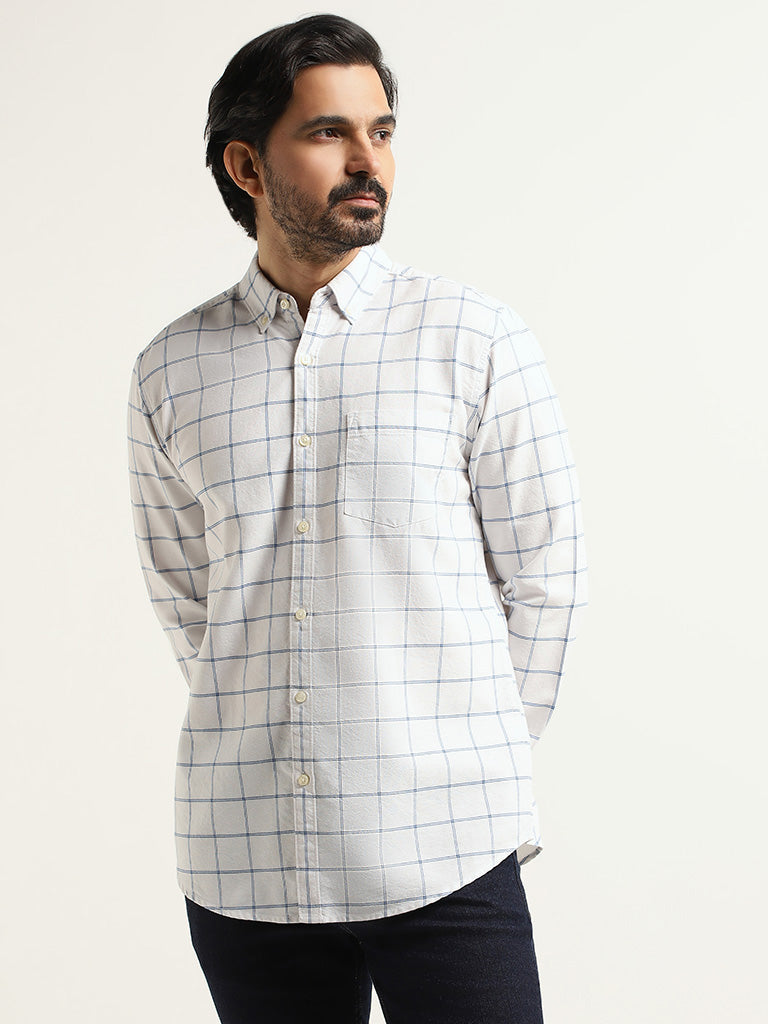 WES Casuals Checked Slim Fit Light Blue Cotton Shirt