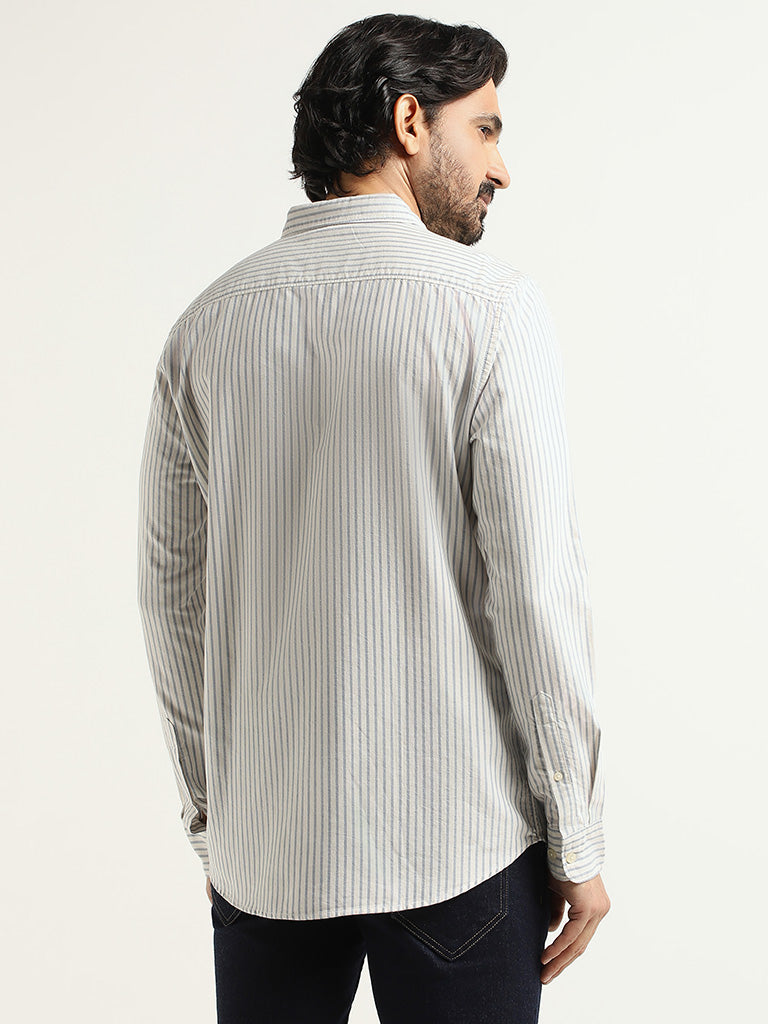 WES Casuals Striped Slim Fit Light Blue Cotton Shirt