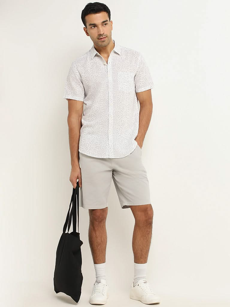 WES Casuals Grey Printed Slim Fit Blended Linen Shirt