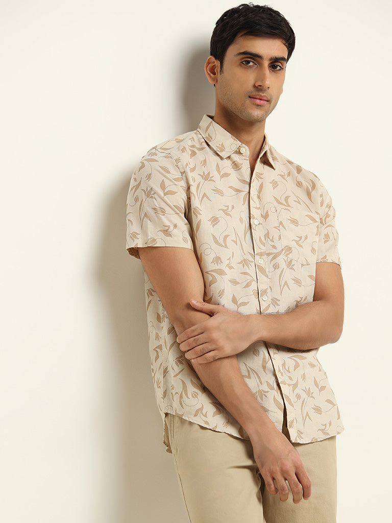 WES Casuals Beige Slim Fit Blended Linen Shirt