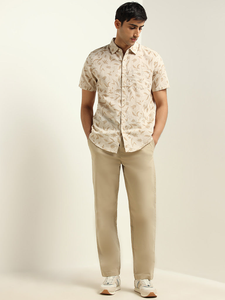 WES Casuals Beige Slim Fit Blended Linen Shirt