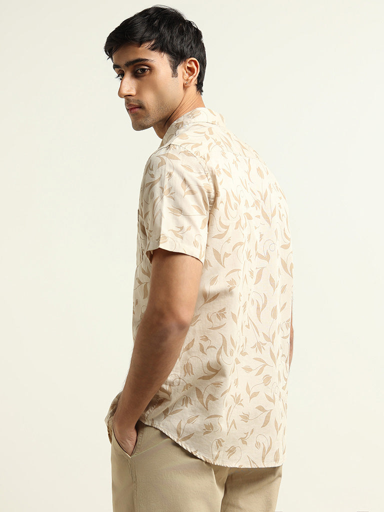 WES Casuals Beige Slim Fit Blended Linen Shirt