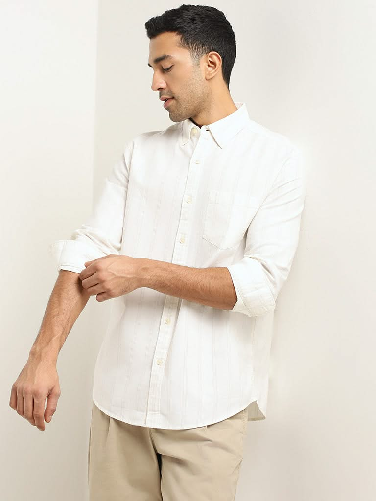 WES Casuals Off-White Striped Cotton Relaxed Fit Shirt